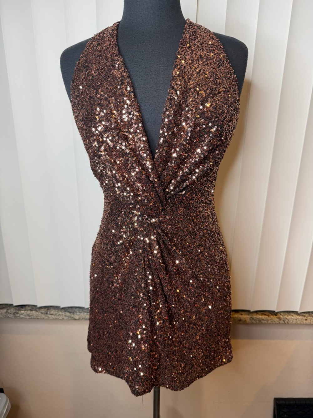 ASTR Sequin Twist-Front V-Neck Mini Dress in Metallic Brown Size Medium